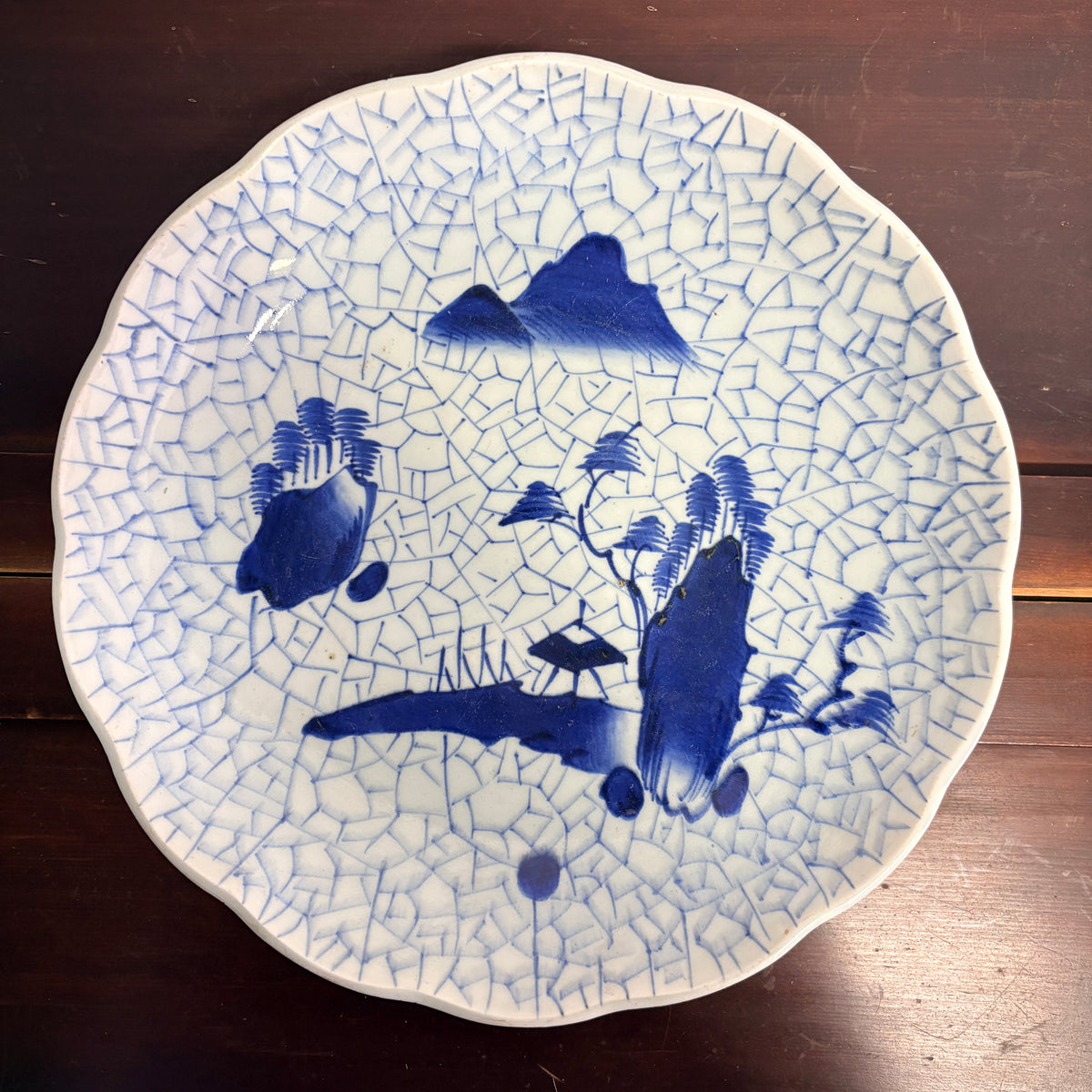 Late Edo Imari Blue & White Plate with Cracked Ice Landscape Design