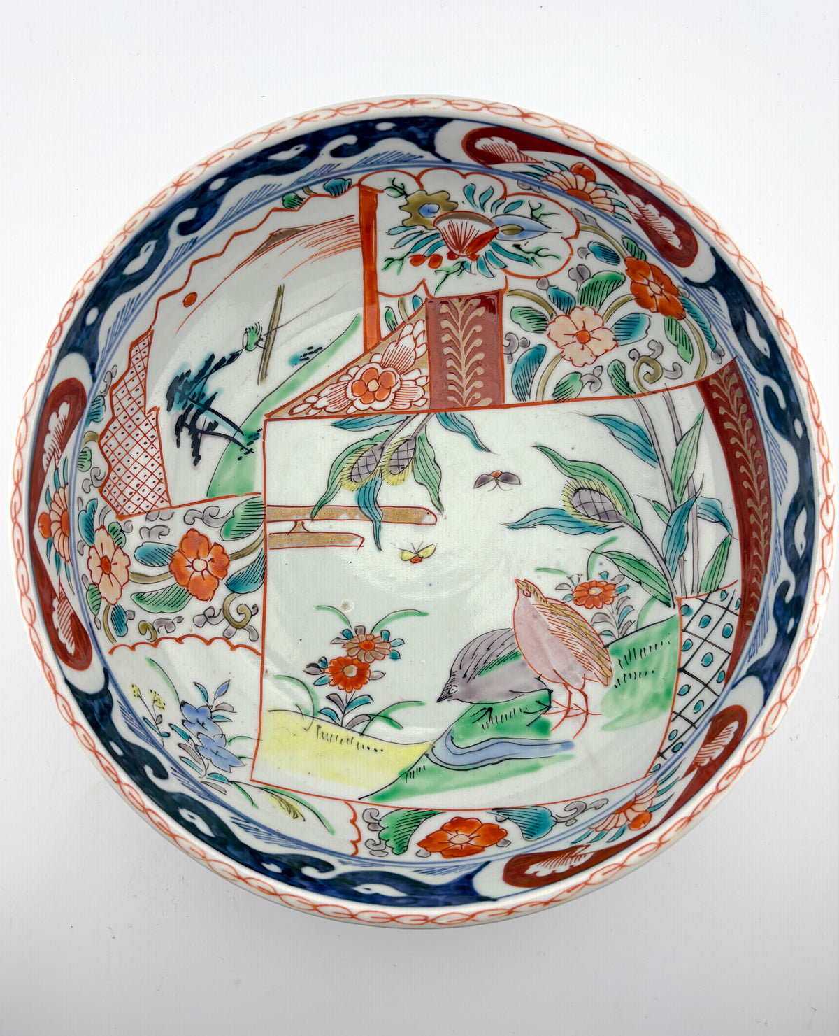 Antique Imari Iroe Large Bowl-Birds & Floral Landscape