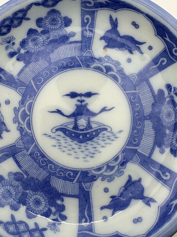 Japanese Antique Blue & White Transferware Plate with Rabbit and Treasure Ship Motifs