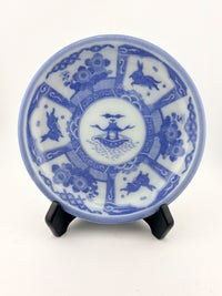 Japanese Antique Blue & White Transferware Plate with Rabbit and Treasure Ship Motifs
