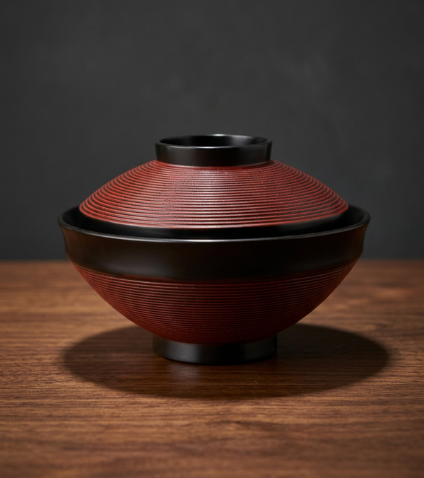 Japanese Black & Red Lidded Lacquer Bowl – Fine Red Thread Pattern