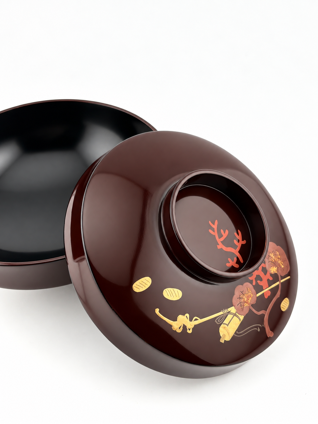 Japanese Lacquer Bowl with Coral & Gold coin Makie