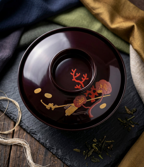 Japanese Lacquer Bowl with Coral & Gold coin Makie
