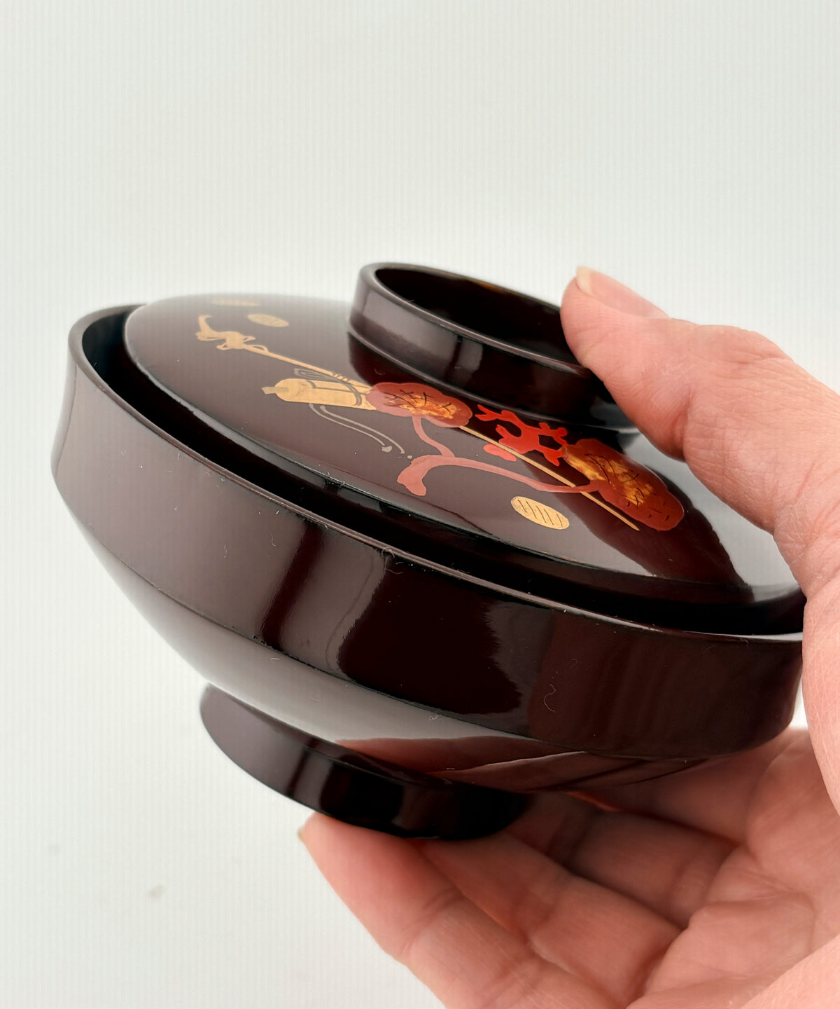 Japanese Lacquer Bowl with Coral & Gold coin Makie