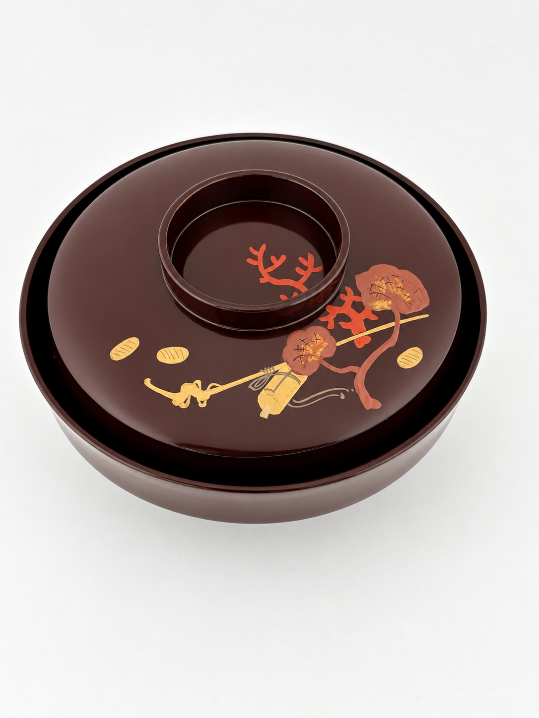 Japanese Lacquer Bowl with Coral & Gold coin Makie