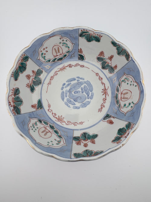 Meiji Imari Iroe large bowl with scalloped rim, rabbit motif, top view– Kotto Living