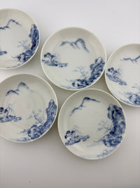 Set of five Meiji Imari sometsuke small plates with blue landscape scenes, Meiji period – Kotto Living