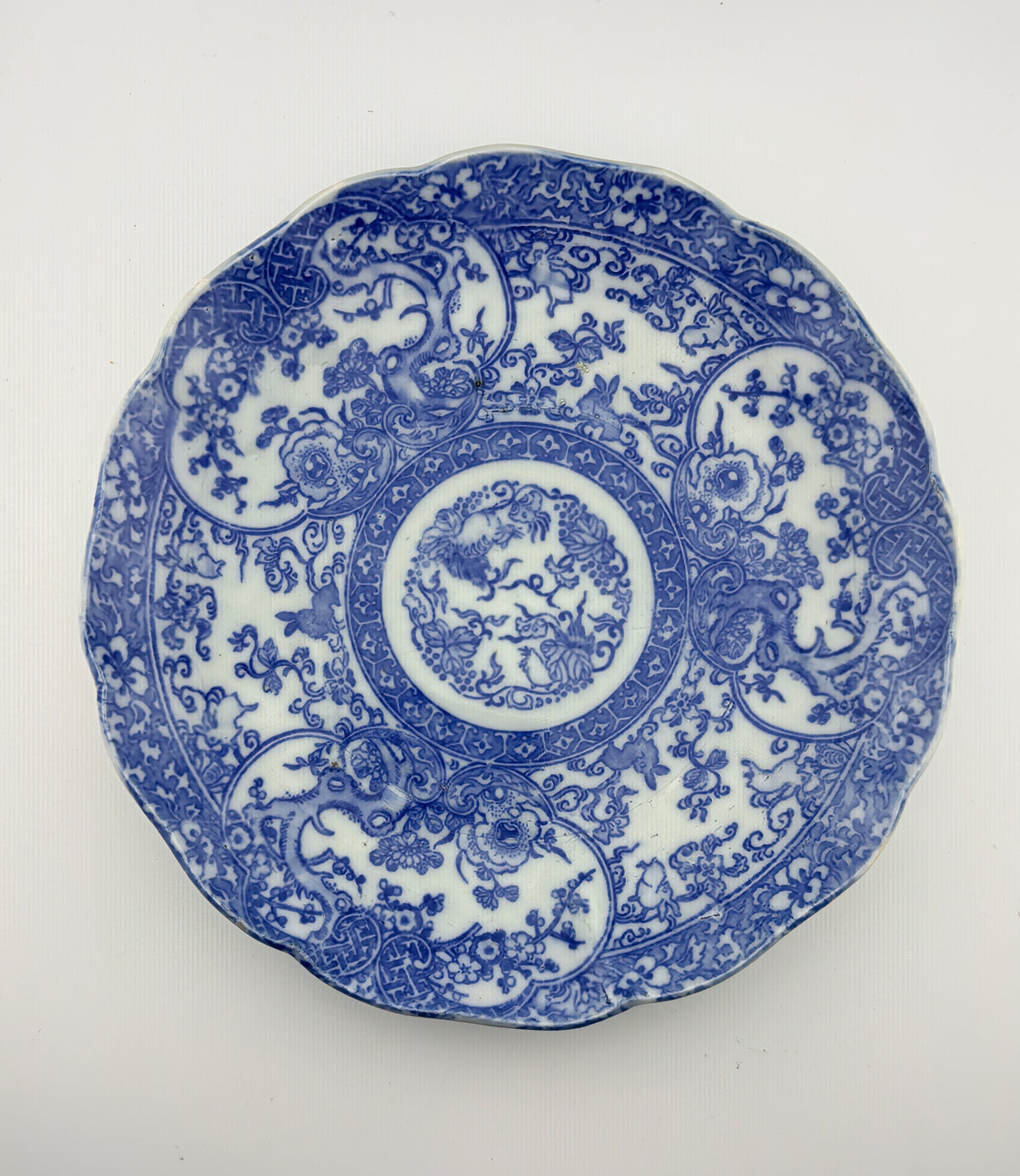 Meiji Imari Blue & White Transferware Plate with Rabbit Motif